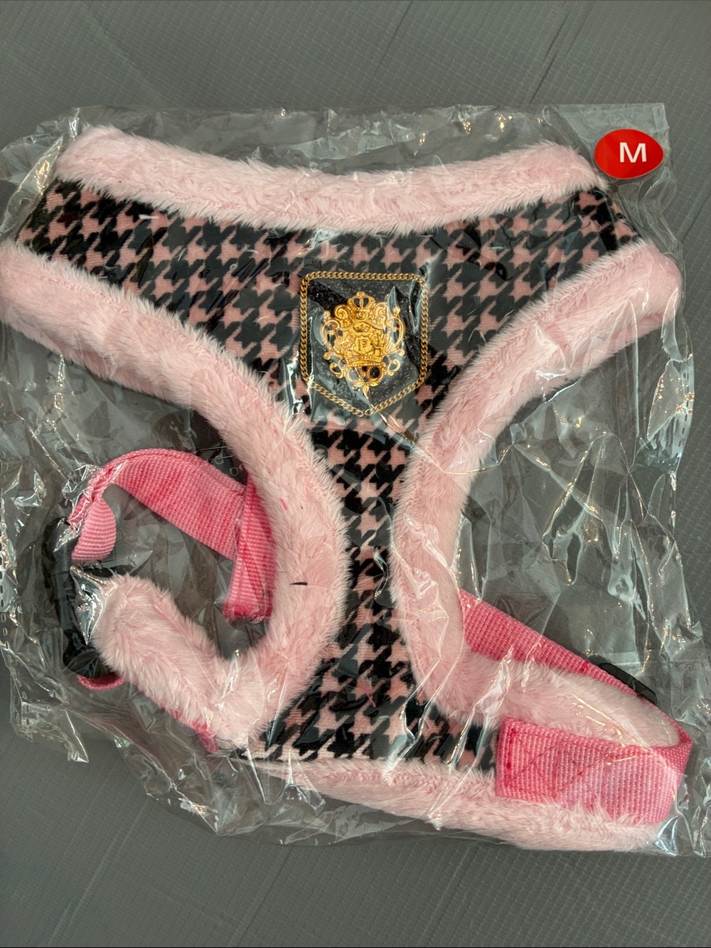 Puppia Pink and Black Houndstooth Plush Dog Harness with Gold Emblem